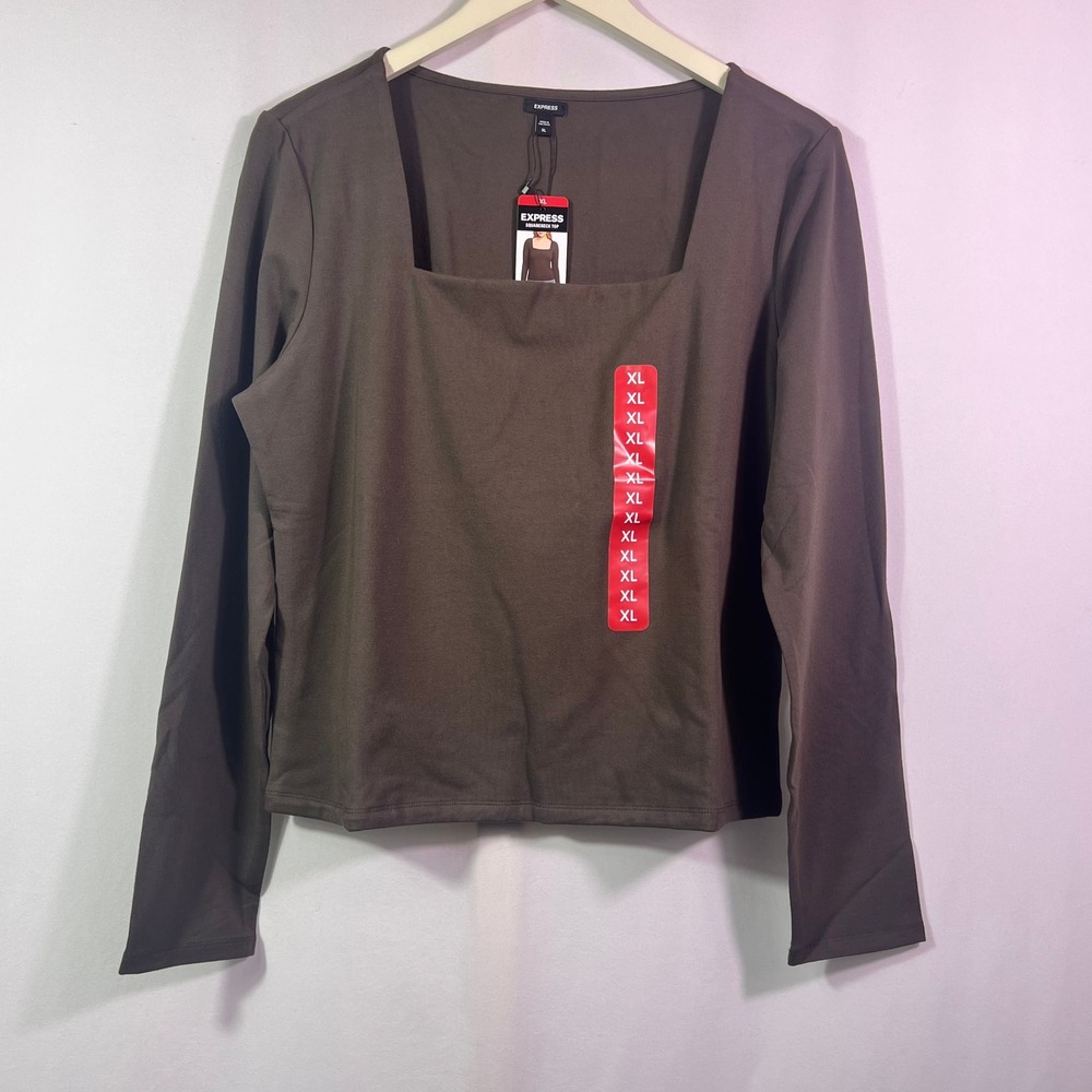 Express Womens Brown Squareneck Long Sleeve Top XL New